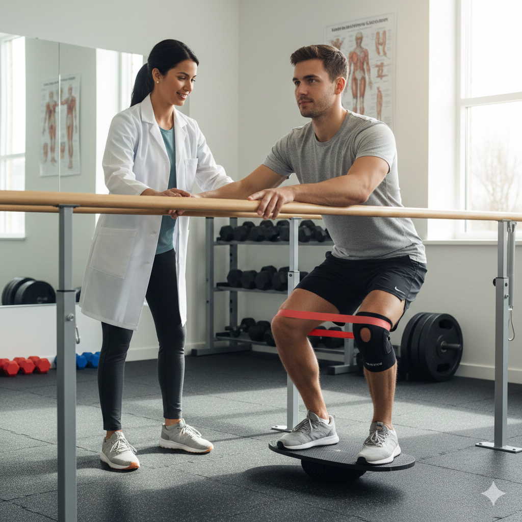 Physiotherapist guiding ACL knee strengthening exercises in Noida Sec 104