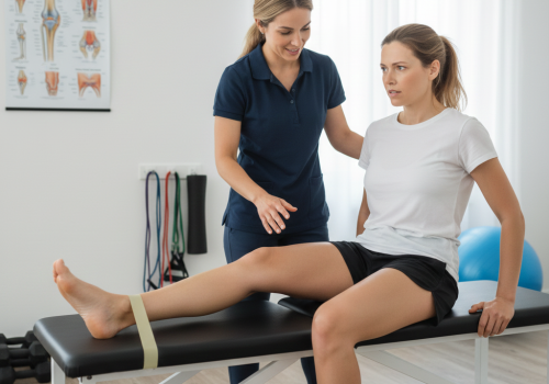 Physiotherapist guiding knee strengthening exercises for osteoarthritis in Noida Sec 105